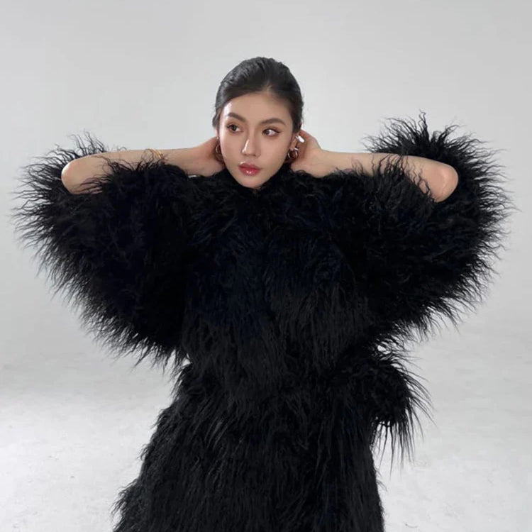 Winter Long Black Hairy Shaggy Thick Warm Soft Fluffy Faux Fur Coat Women Sashes Luxury Designer Overcoat Runway Fashion