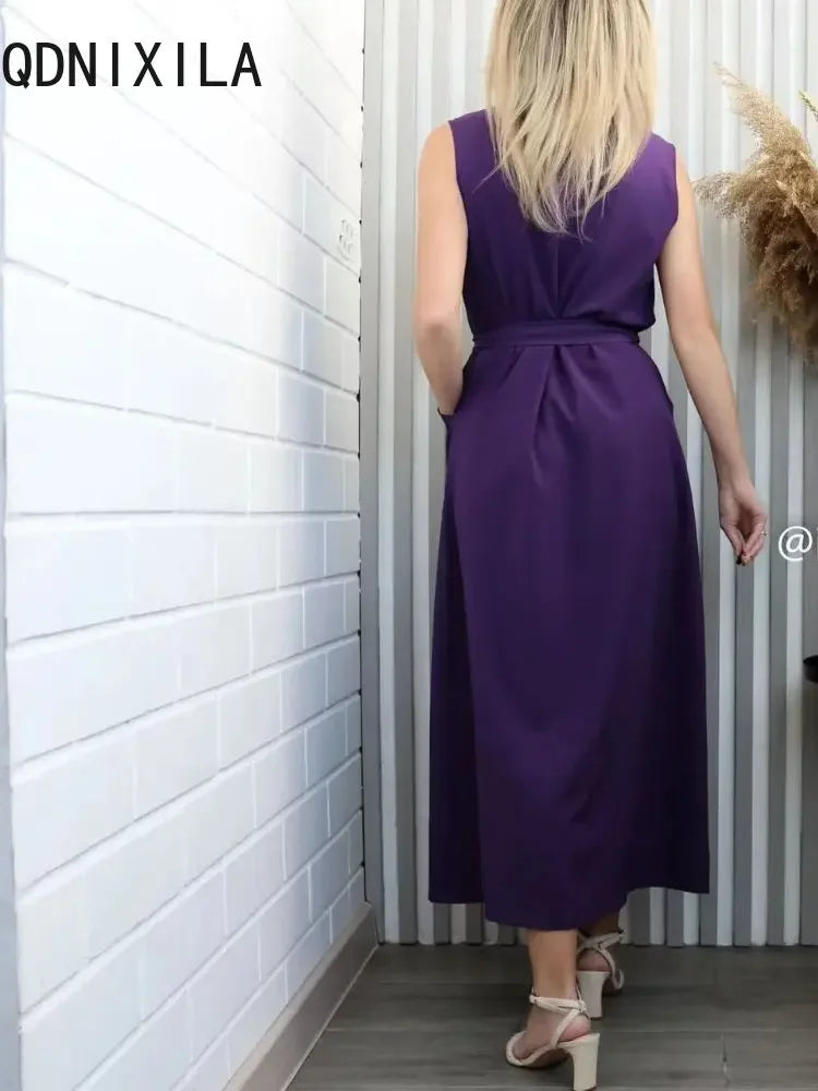 Elegant Chic Shirt Dress Summer New Fashion Sleeveless Sexy Dress V-neck Buttock Dress for Women Office Ladies Party Sundress