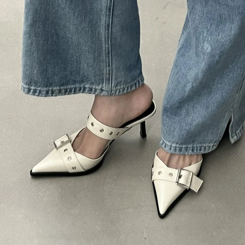 Punk Goth Metal Buckle High Heels Women's Sandals Summer Pointed Toe Silver Party Shoes Fashion Womens Pumps Shoes Tacones