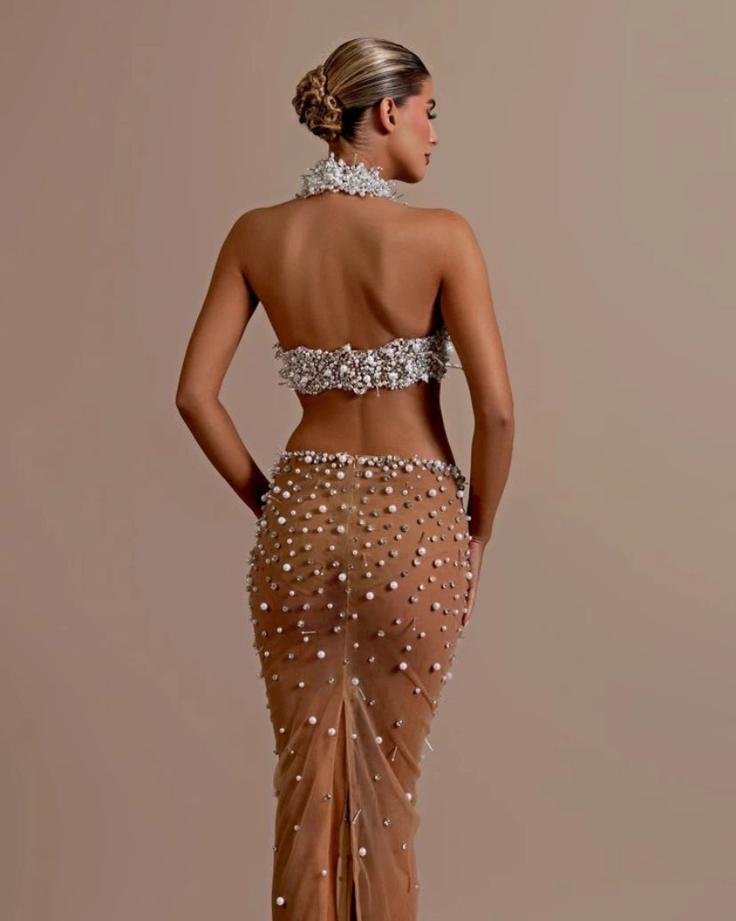 Fashion Women Sexy Off the Shoulder Pearl Beading 2 Pieces Bodycon Long Dress Mesh See Through Nightclub Party Celebrate Dress