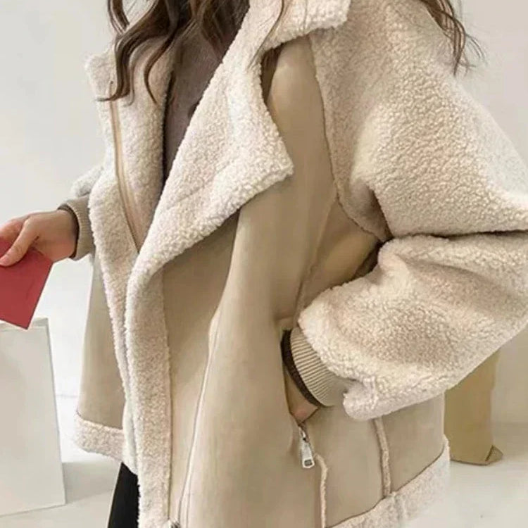 Spring Women's Coat Fashion Imitation Lamb Wool Long Sleeved Loose Top Temperament Vintage Casual Patchwork Soft Jacket Beige