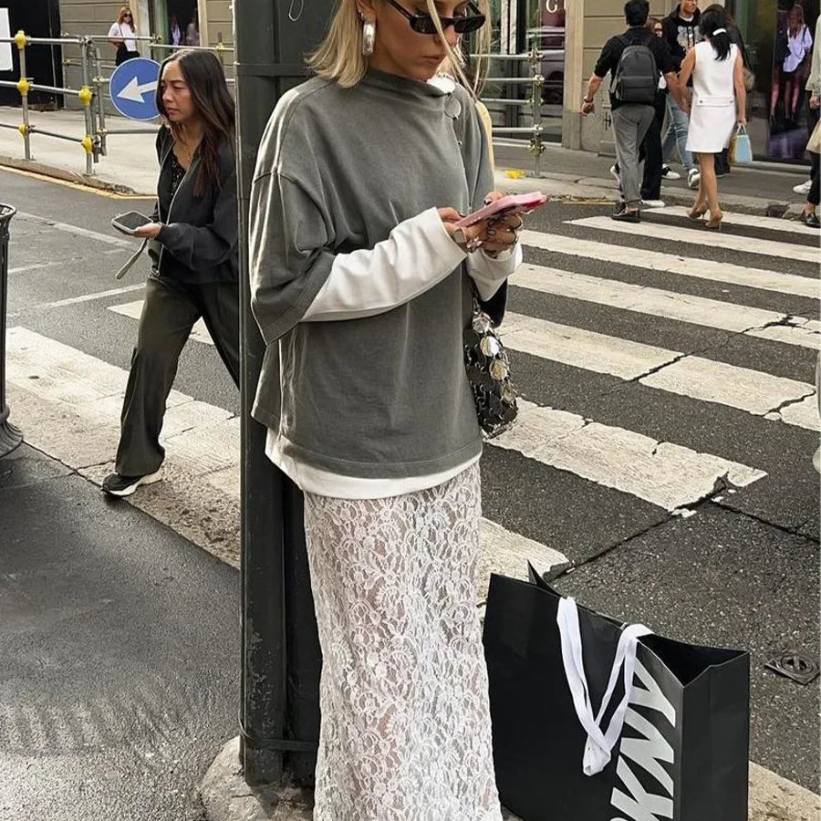 DSMTRC Woman Summer New A-Line Maxi Skirt High Waist Female Sexy Perspective White Lace Jacquard Vacation Beach Style Skirt WHITE