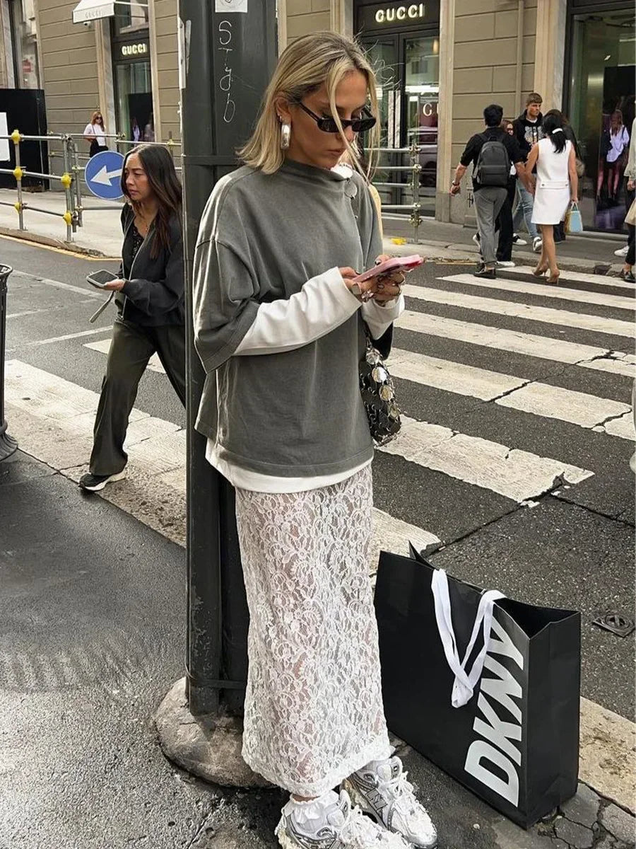 DSMTRC Woman Summer New A-Line Maxi Skirt High Waist Female Sexy Perspective White Lace Jacquard Vacation Beach Style Skirt WHITE