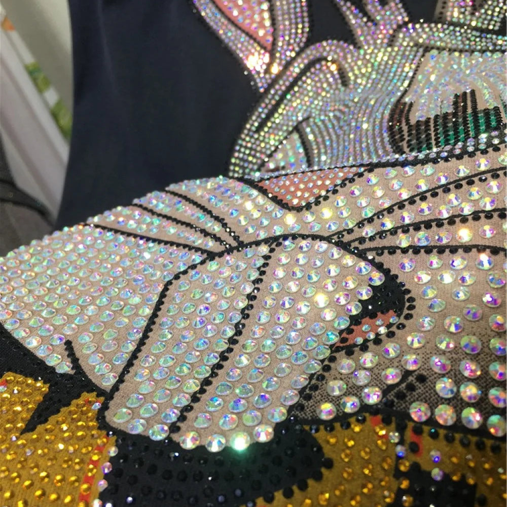 XL-4XL Plus Size Women Clothing Rhinestone Rabbit Cool Women's T-shirt Large Size Gothic Big Size Short Sleeve Tunic Tops 150KG