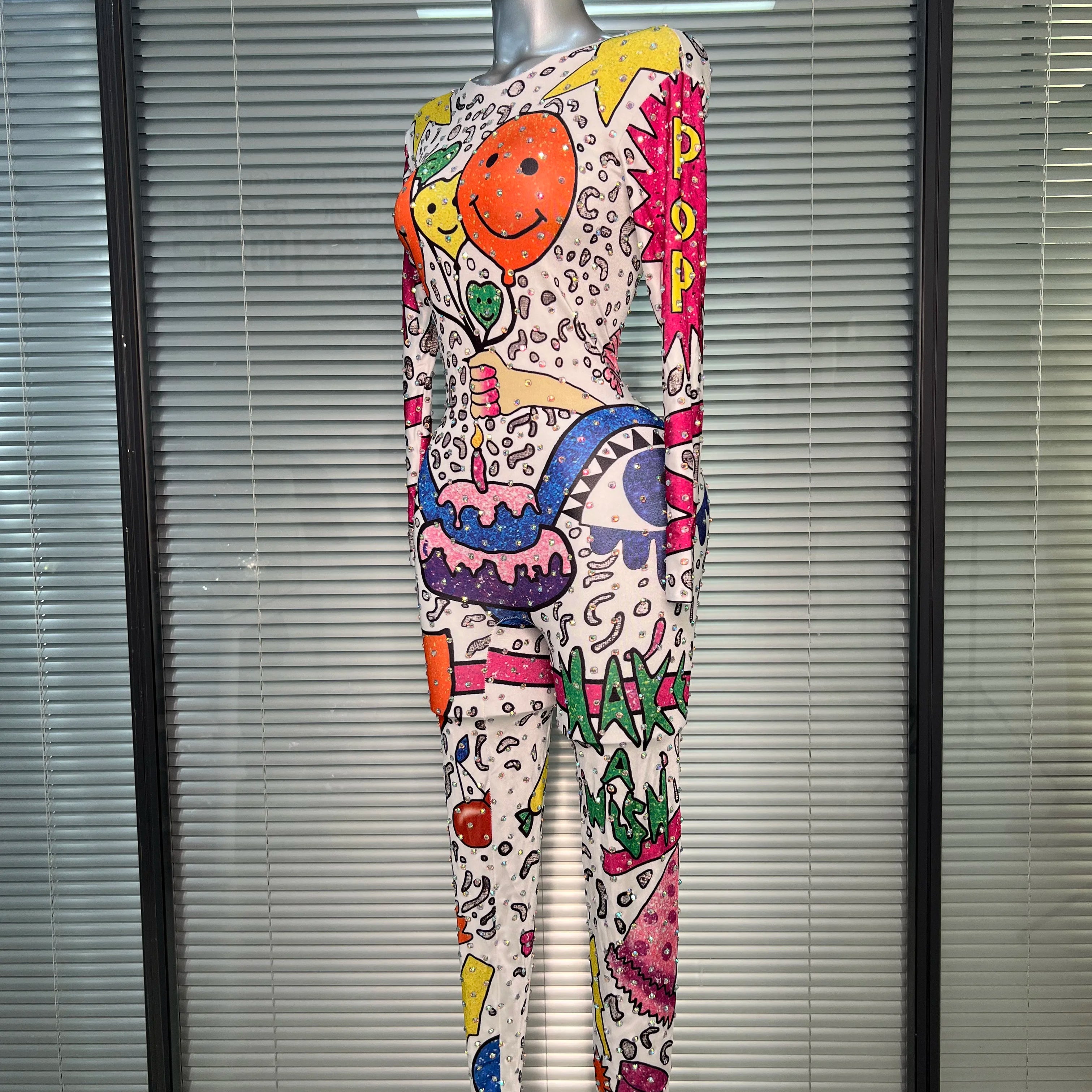 Women Sexy Crystal Stretchy Bodycon Jumpsuit Celebrity Designer Singer Dancer Print Night Club Rompers