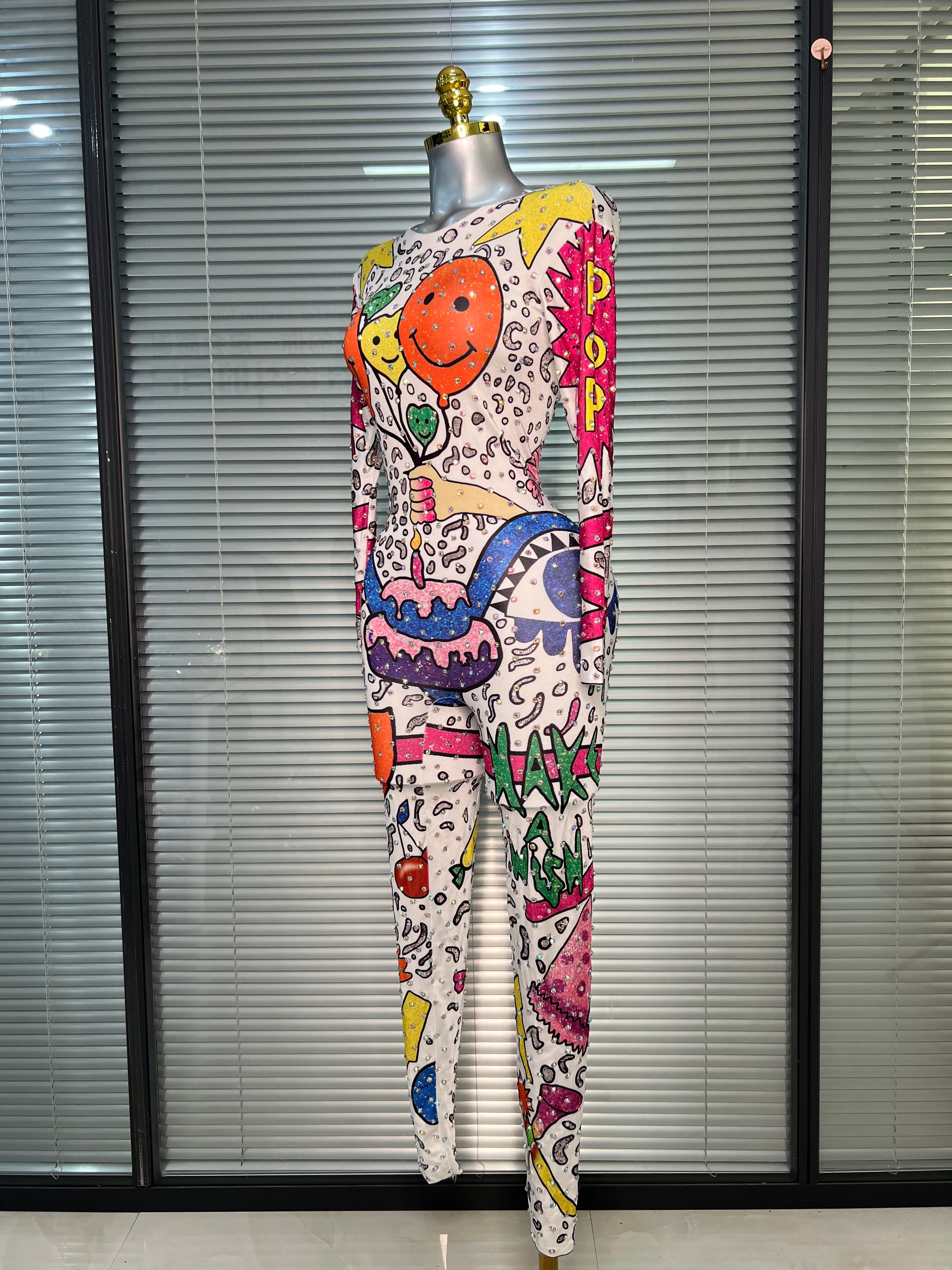 Women Sexy Crystal Stretchy Bodycon Jumpsuit Celebrity Designer Singer Dancer Print Night Club Rompers