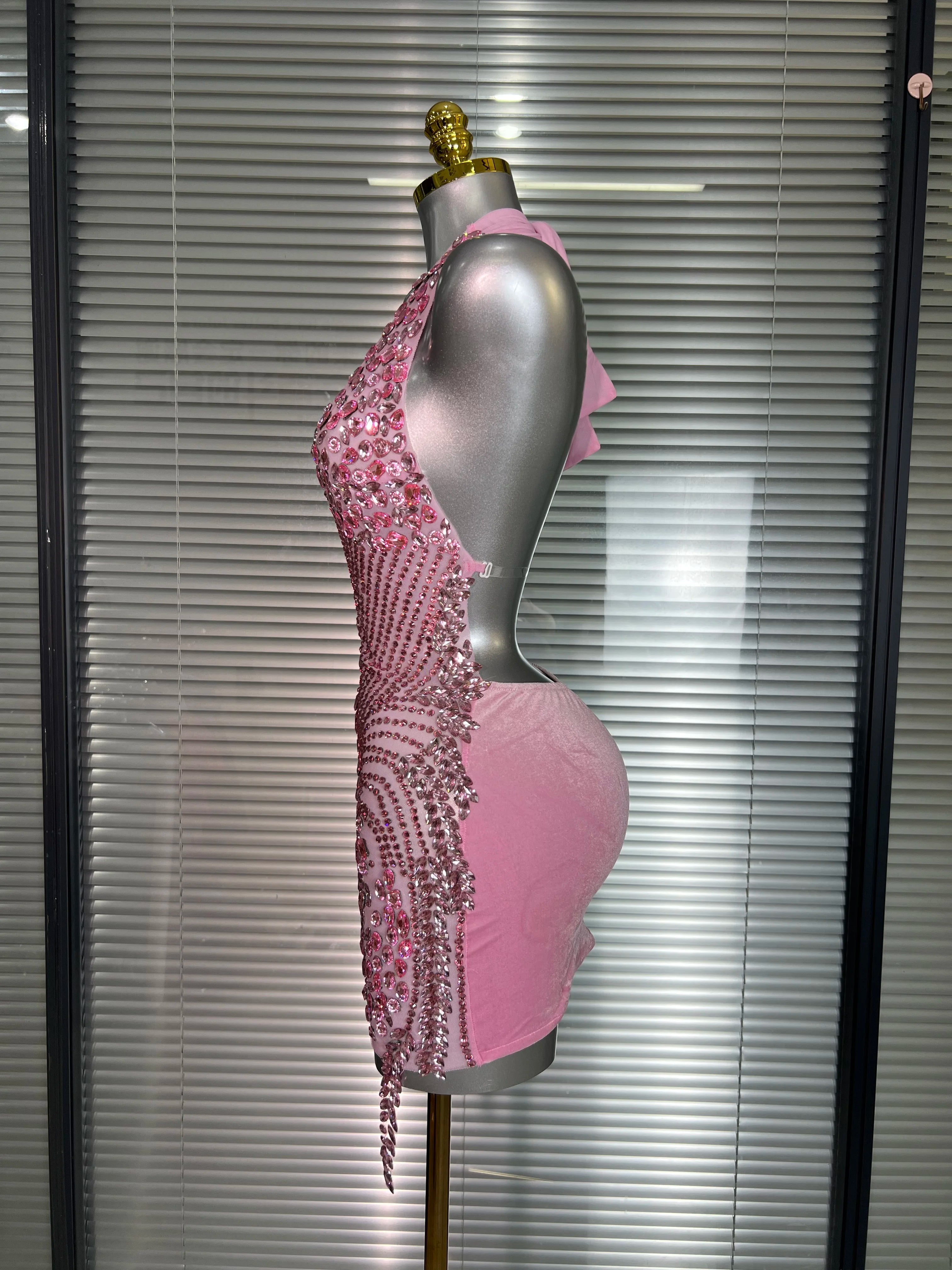 Celebrity New Women Sexy Pink Mesh Halter Stage Performance Costume Dancer Singer Night Club Mini Party Dress
