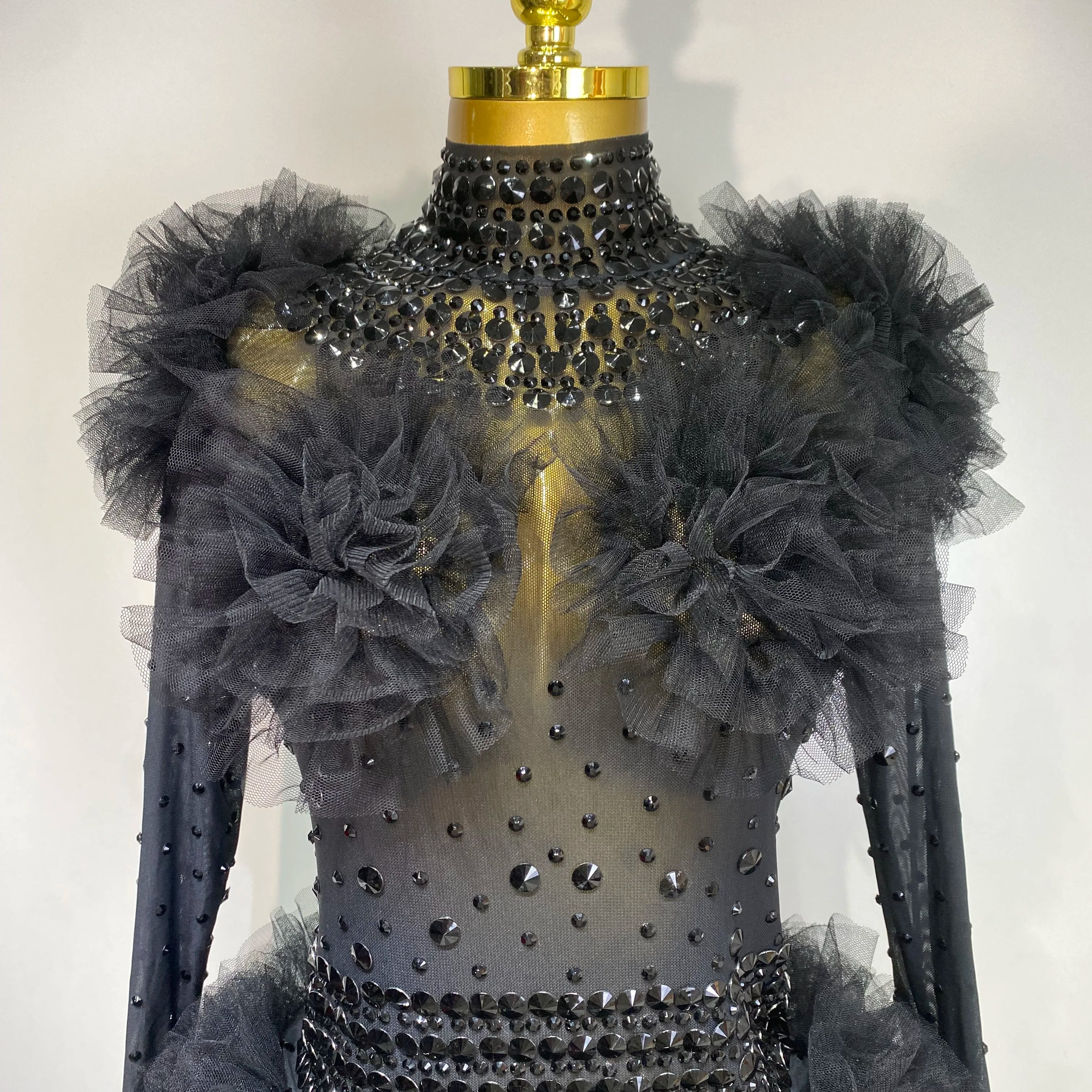 Sexy See Through Luxury Rhinestone Bodysuit Women Sexy Bodycon Mesh Ruffles Performance Dance Singer Nightclub Stage Outfit