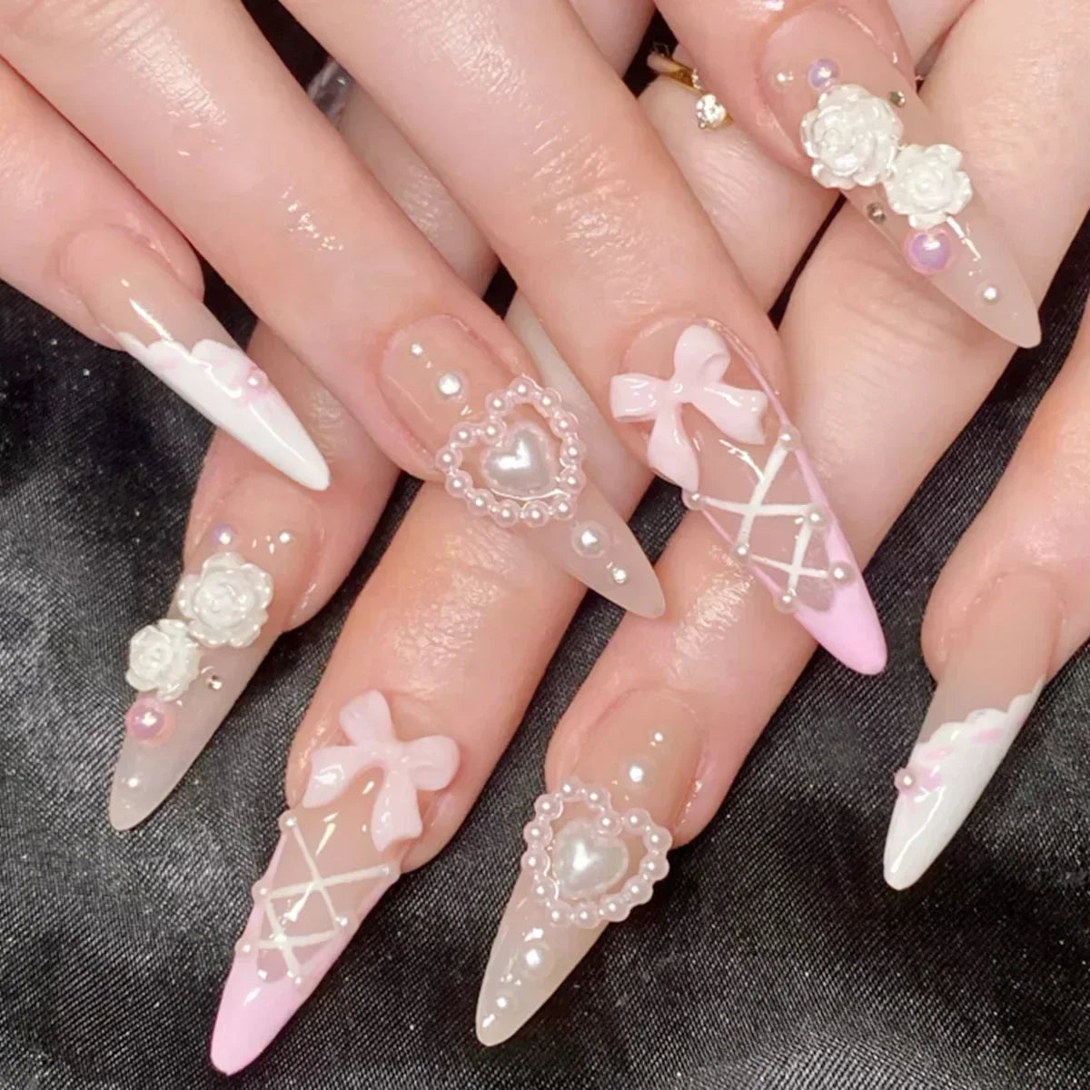 24Pcs French False Nails With Purple Edge  Almond Bow Flower Design Detachable Acrylic Fake Nails Long Stiletto Press On Nails