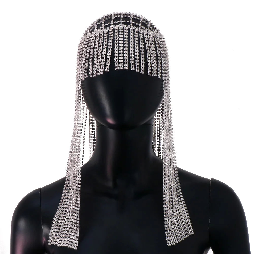 Sexy Stage Costume Rhinestone Chain Wig Headpiece Head Ornament for Women Nightclub Crystal Forehead Headband Hat Cap Jewelry