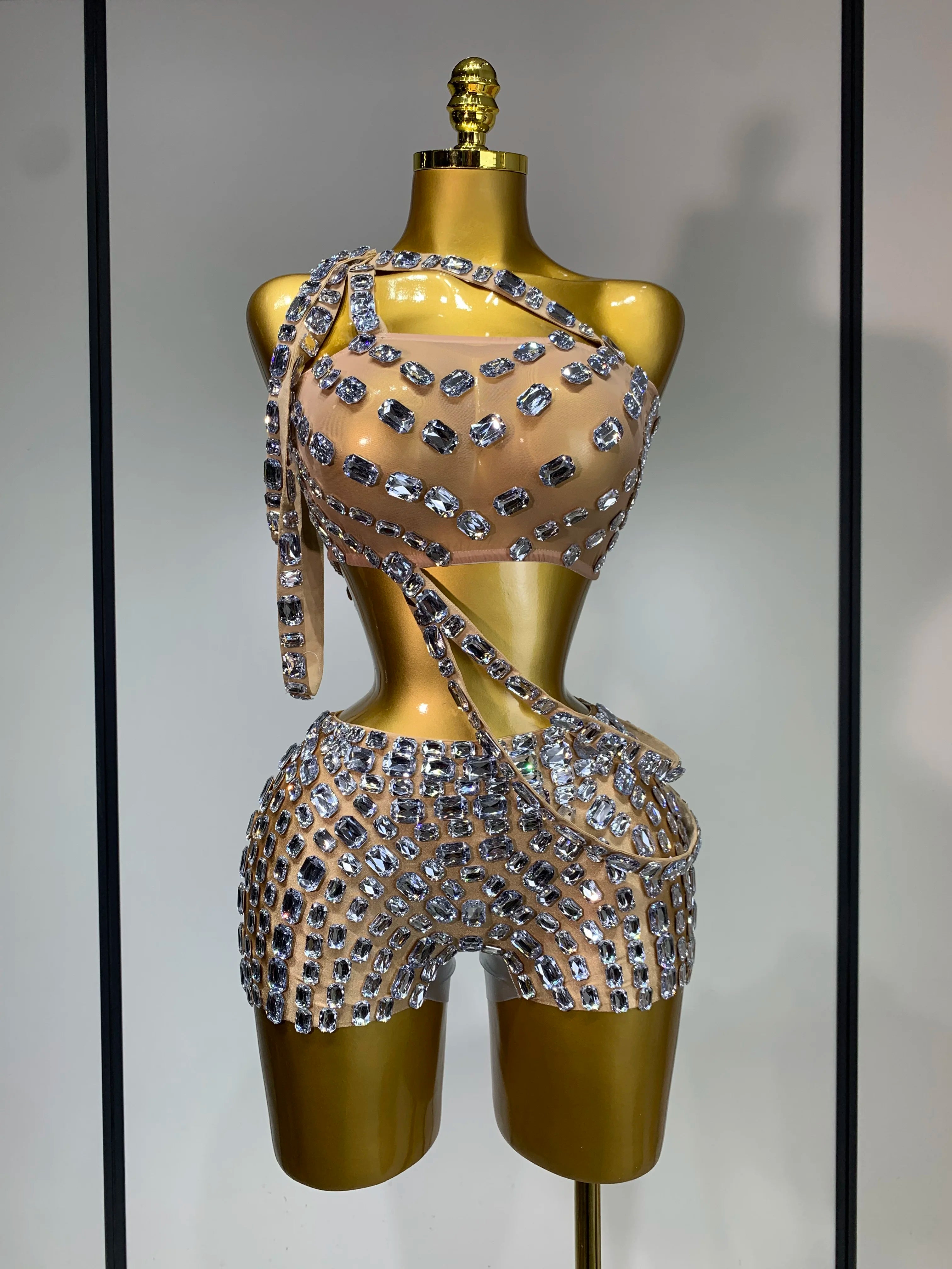 Luxury Diamonds Sexy Mesh Perspective Two Pieces Outfit Performance Dancer Singer Costume Nightclub Women's Set Birthday Wear