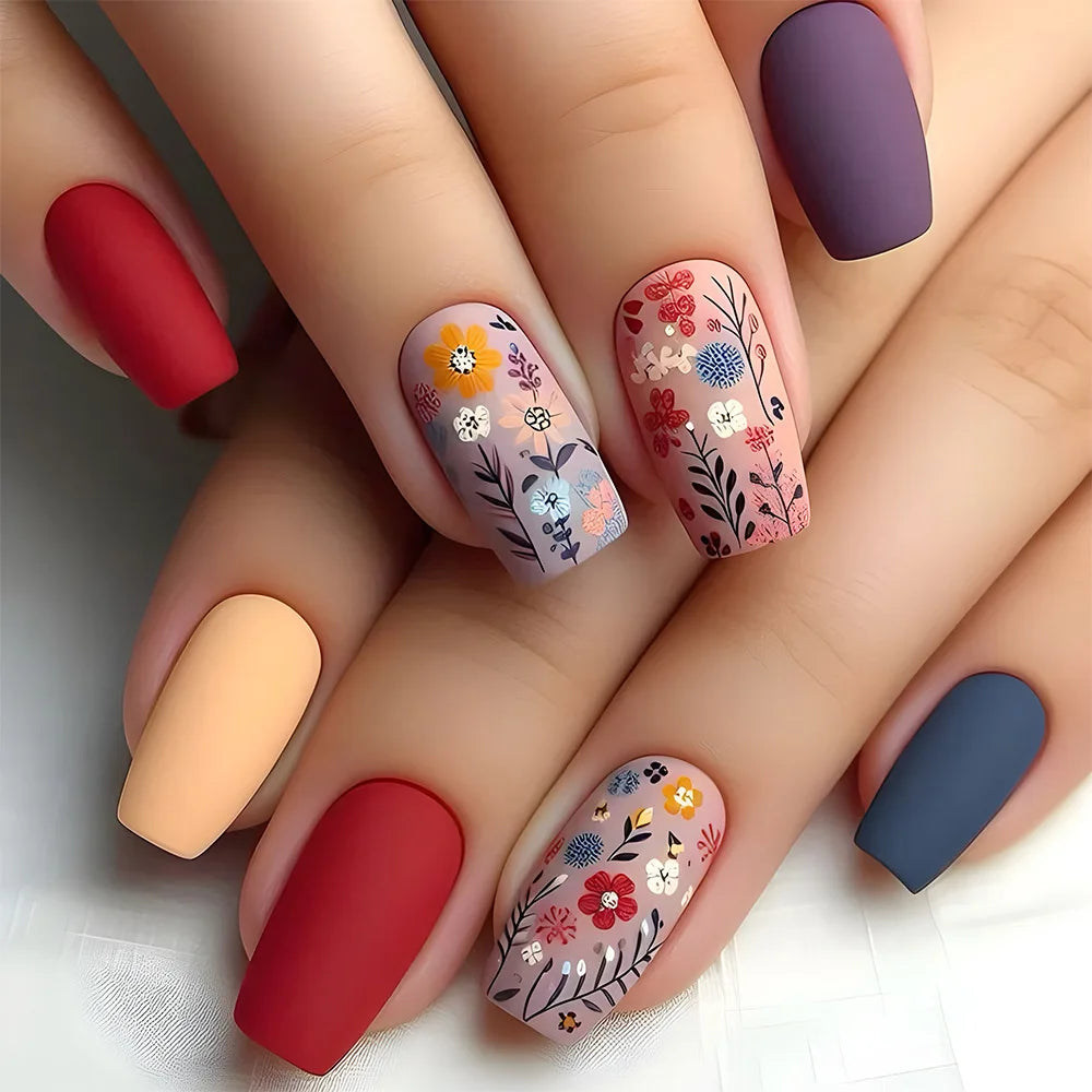 24Pc Retro Gold False Nails Mid-length Square Ballet Acrylic Press on Nails with Maple Leaves Designs Fake Nails with Jelly Glue