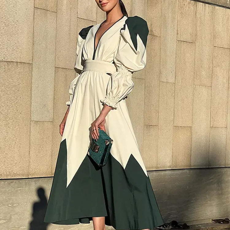 Lady Elegant V-neck Printed Maxi Dress Casual Back Hollow Out Lace Up Lantern Sleeve Robe Women Chic High Street Vestidos