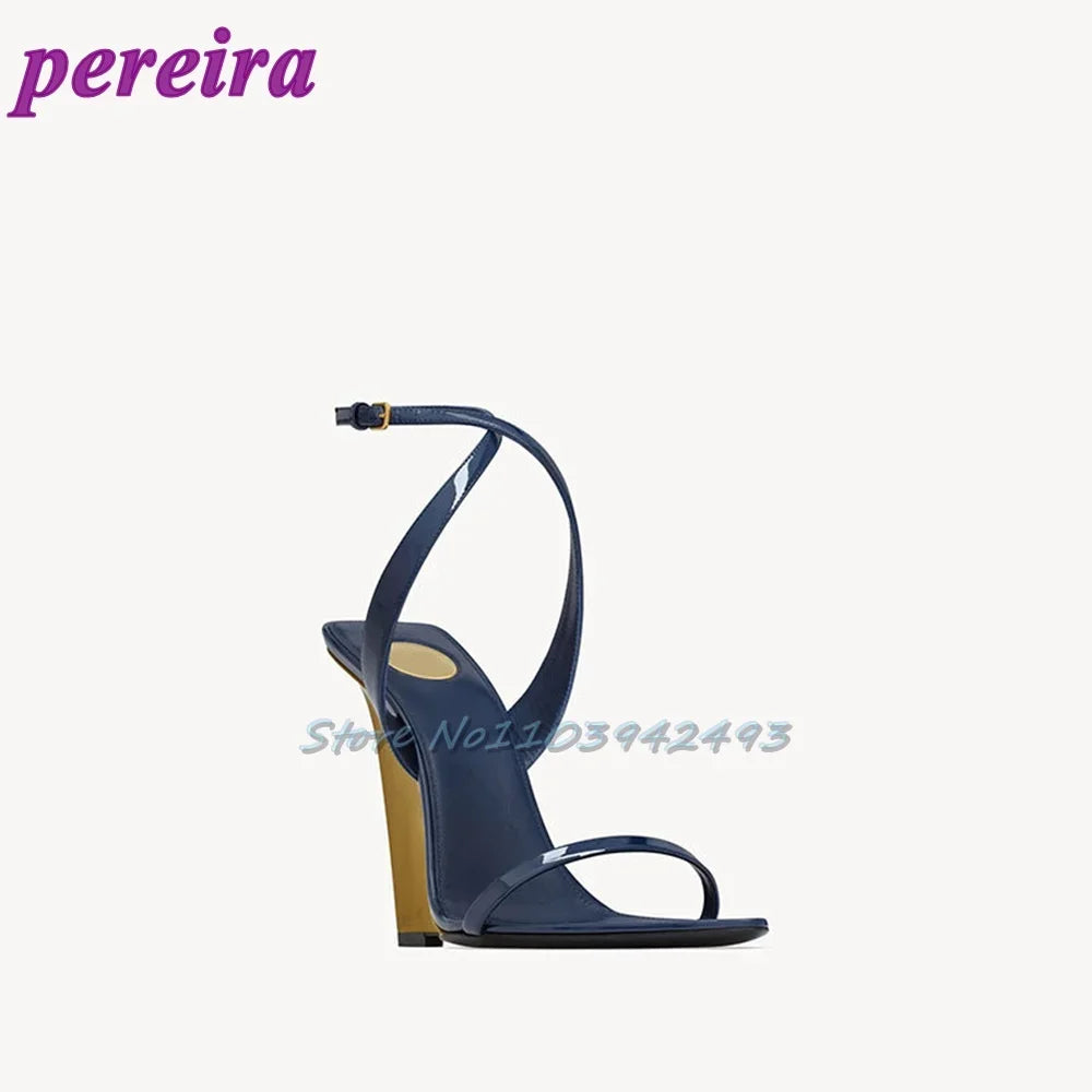 Blue Patent Leather Heeled Sandals Open Toe Shallow Zapatos De Mujer One Strap Luxury High Heels Designer Wedges Shoes 2025