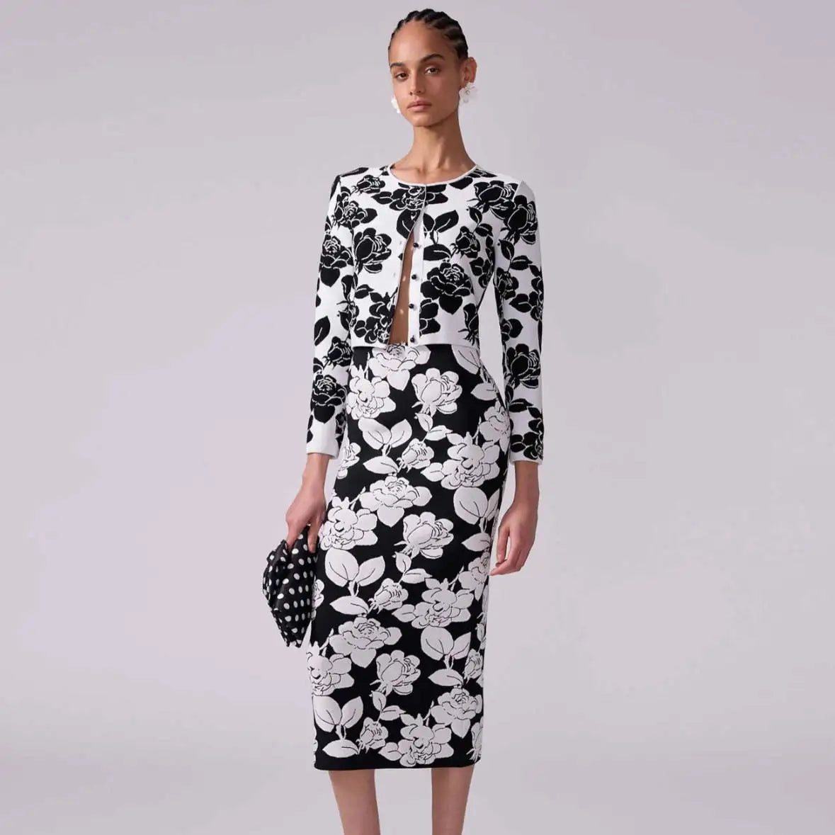 Vestido feminino de celebridades para tapete vermelho, lançamento de 2025, manga longa, tecido jacquard, flores, 2 peças, conjunto de bandagem colado ao corpo, feminino