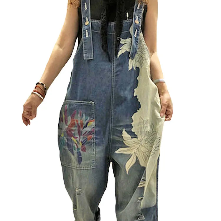 Korean Females Fashion Overalls Ladies Spring Printed Denim Harem Pants Vintage Casual Jeans Womens Loose Vintage Trousers