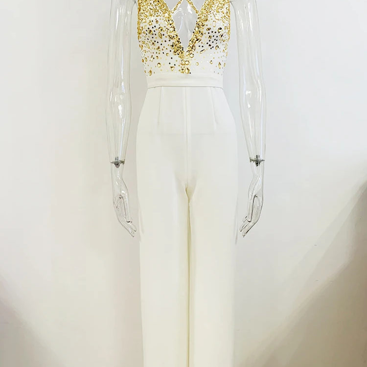 HIGH STREET est Fashion Summer 2024 Designer Women Spaghetti Strap Stunning Strass Stone Didmonds Beading Straight Jumpsuit