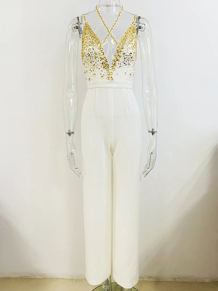 HIGH STREET est Fashion Summer 2024 Designer Women Spaghetti Strap Stunning Strass Stone Didmonds Beading Straight Jumpsuit