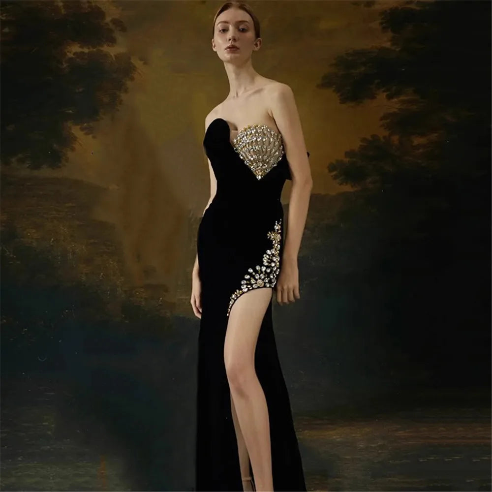 Women Sexy Strapless Shinning Crystal Bodycon Bandage Long Dress Celebrate Evening Party Red Carpet Outfit Vestido