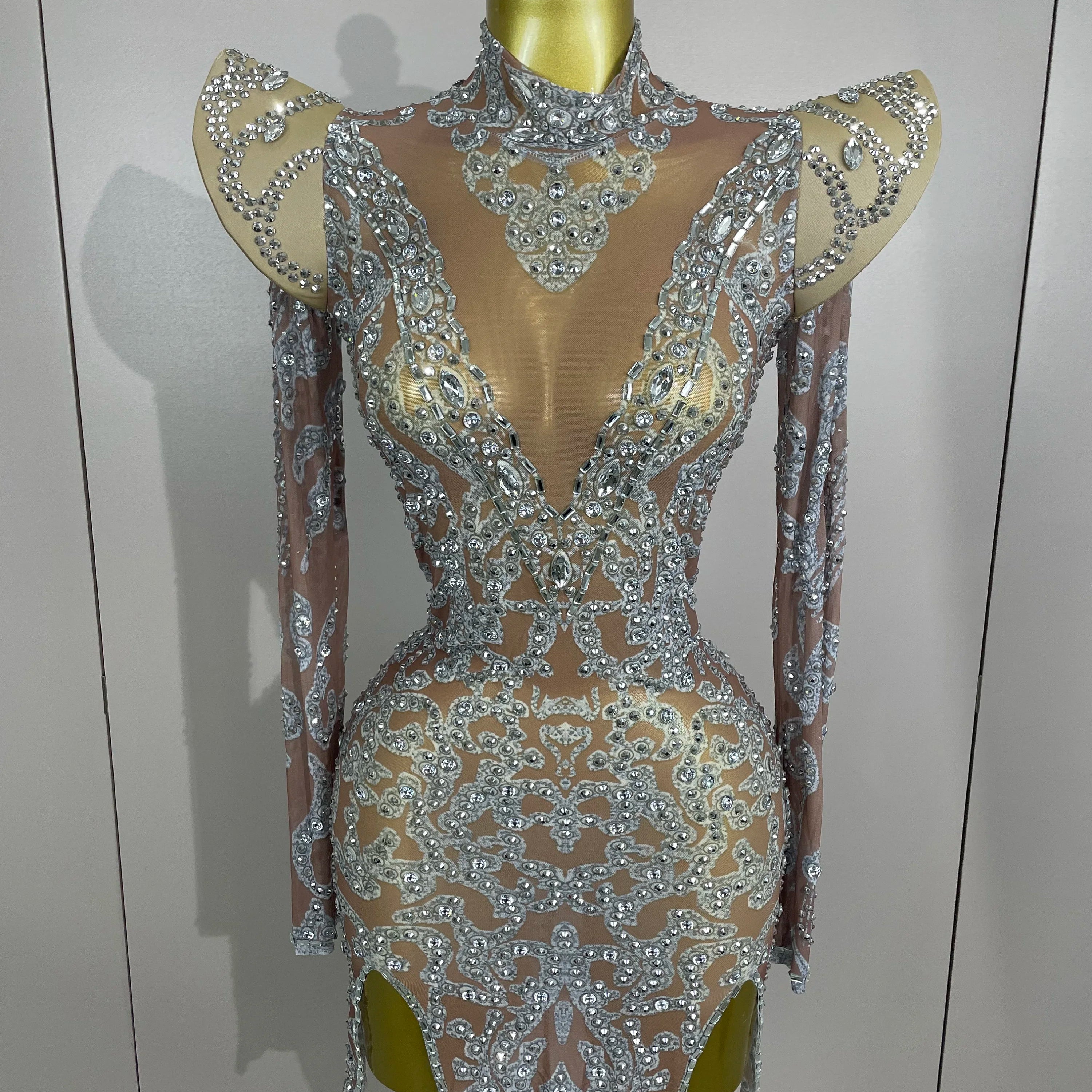 Sexy Singer Stage Drag Queen Costume 2025 Women Shiny Rhinestones Transparent Short Dress Birthday Celebrate Photoshoot Dress