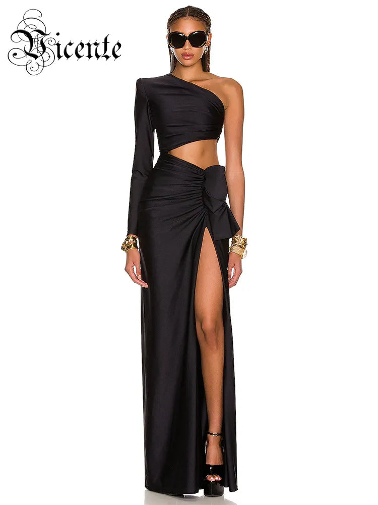 VC Black Long Dress Women Diagonal Collar One-Shoulder High Slit Ruched Design Evening Party Dress 2022 Autumn Winter New