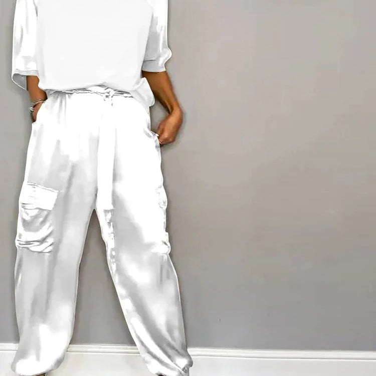 Fashion Solid Color Satin Two Piece Set Women Round Neck New Spring Summer Top Long Pants Casual Loose Two Piece Set White