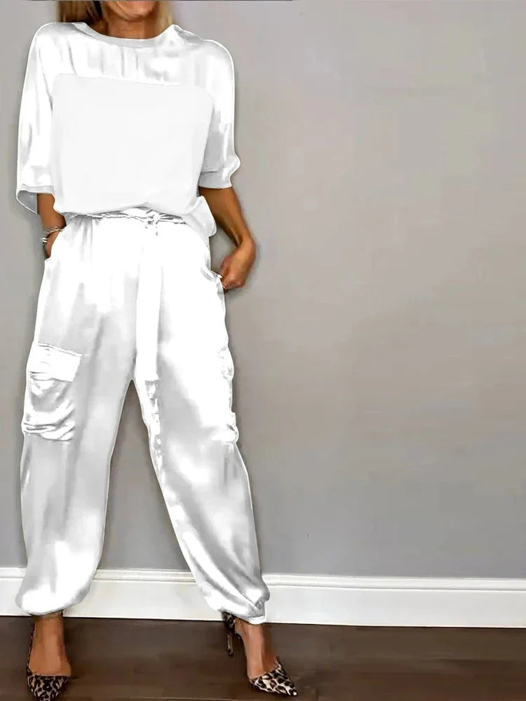 Fashion Solid Color Satin Two Piece Set Women Round Neck New Spring Summer Top Long Pants Casual Loose Two Piece Set White