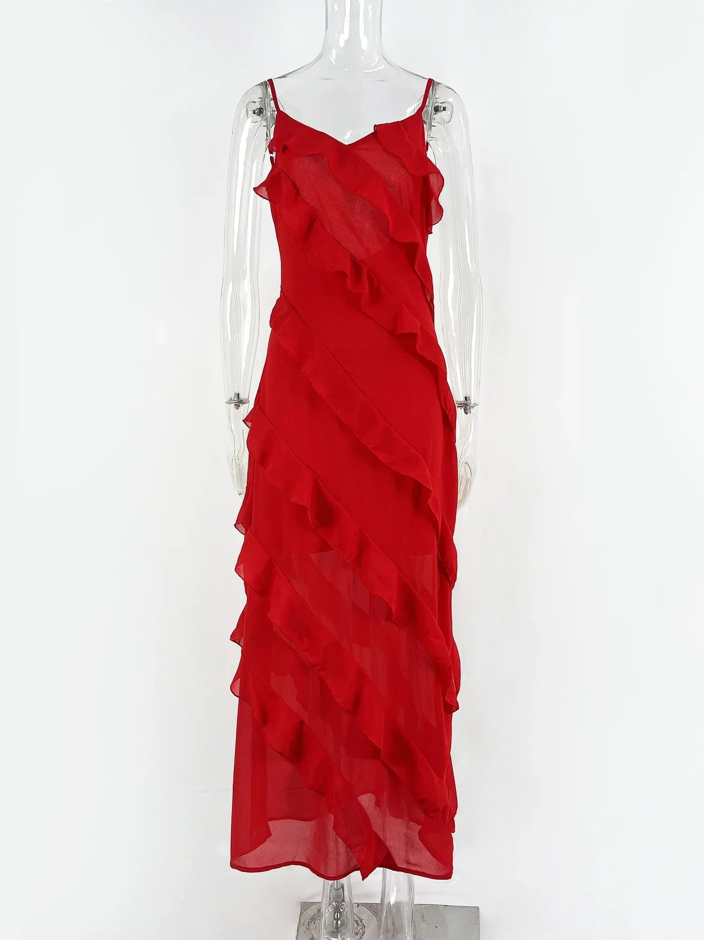 Elegant Red Chiffon Slip Dresses for Women Sexy Spaghetti Strap Backless Lace-up Ruffles Long Maxi Evening Party Prom Dress Red