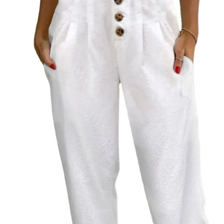 Women's Casual White Pants High Waist Button Slim Solid Pockets Pencil Pants Female Soft Breathable Women Trousers Joggers