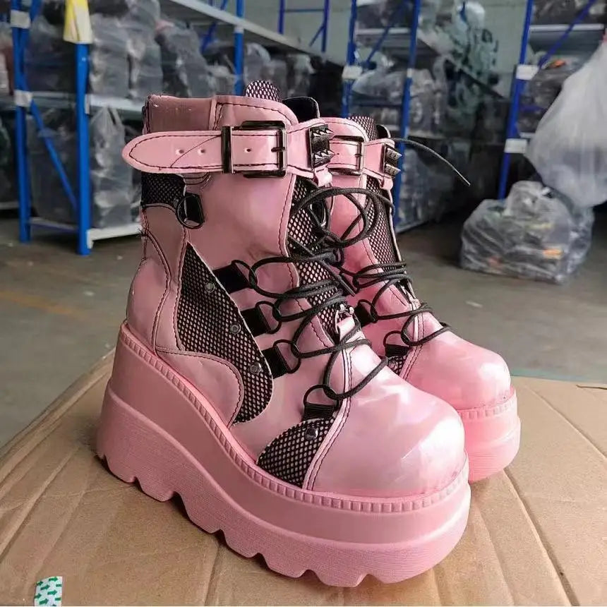 Big size 43 Brand Platform Designer Goth Cool Motorcyle Women Boots Punk Street Zipper Elastic Band Black Ladies Shoes