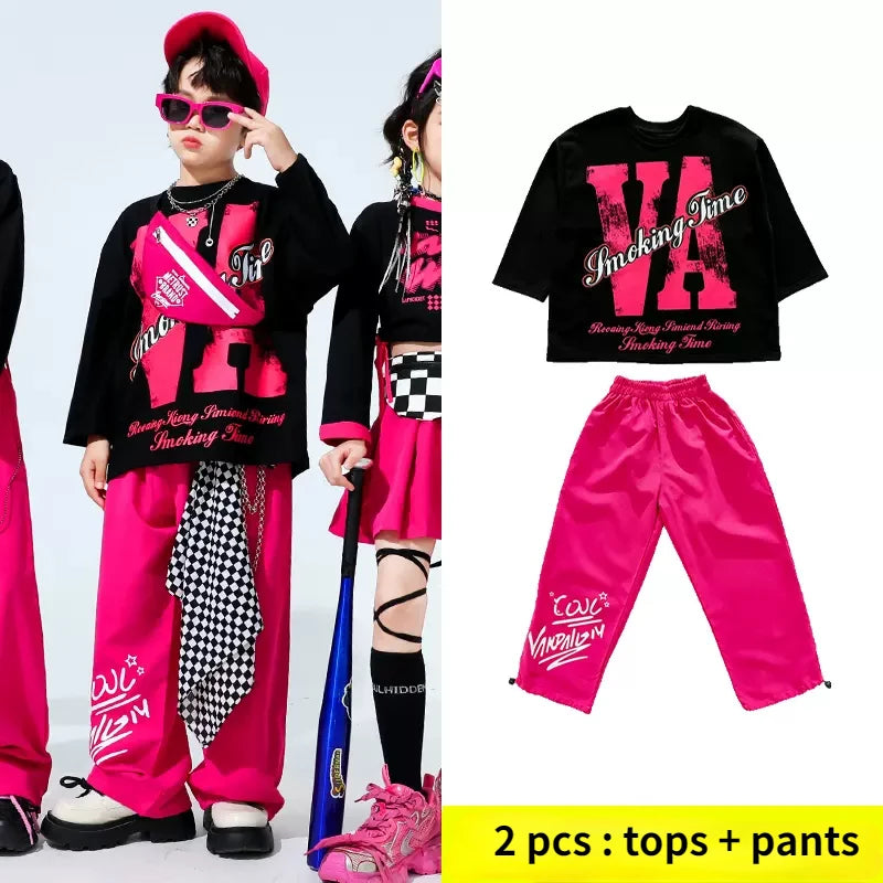 Girls Hip Hop Crop Top Street Dance Skirts Boys Cool Sweatshirt Pink Cargo Pants Child Streetwear Kids Jazz Costumes Clothes Set Sweatshirt 2 Pcs