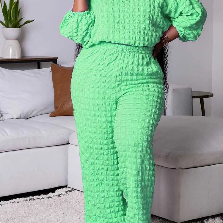 Curvy Plus Size Woman Clothing Fall Winter Long Sleeve 2 Piece Outfit Set Bubble Waffle Pleated Top and Pants Sets Elegant Suit