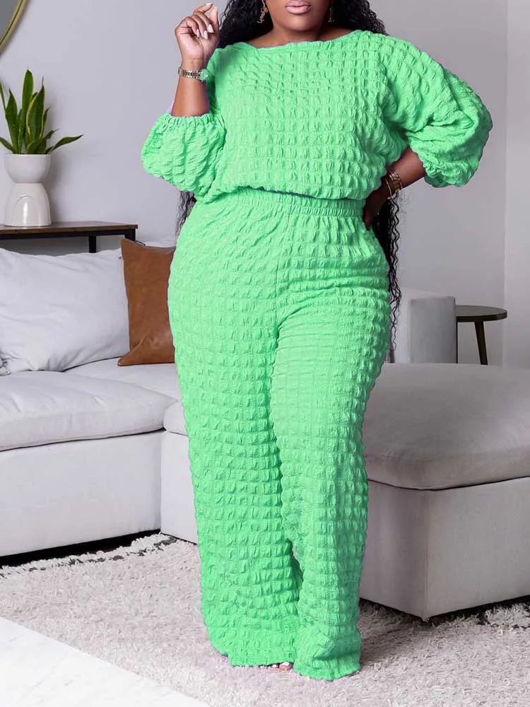 Curvy Plus Size Woman Clothing Fall Winter Long Sleeve 2 Piece Outfit Set Bubble Waffle Pleated Top and Pants Sets Elegant Suit