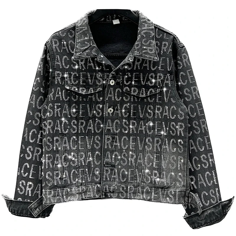 Denim Jacket Women Spring Autumn New Loose Heavy-Duty Letter Rhinestone Long-Sleeve Black Jean Jacket Female Jaquetas