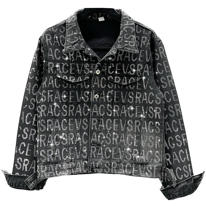 Denim Jacket Women Spring Autumn New Loose Heavy-Duty Letter Rhinestone Long-Sleeve Black Jean Jacket Female Jaquetas