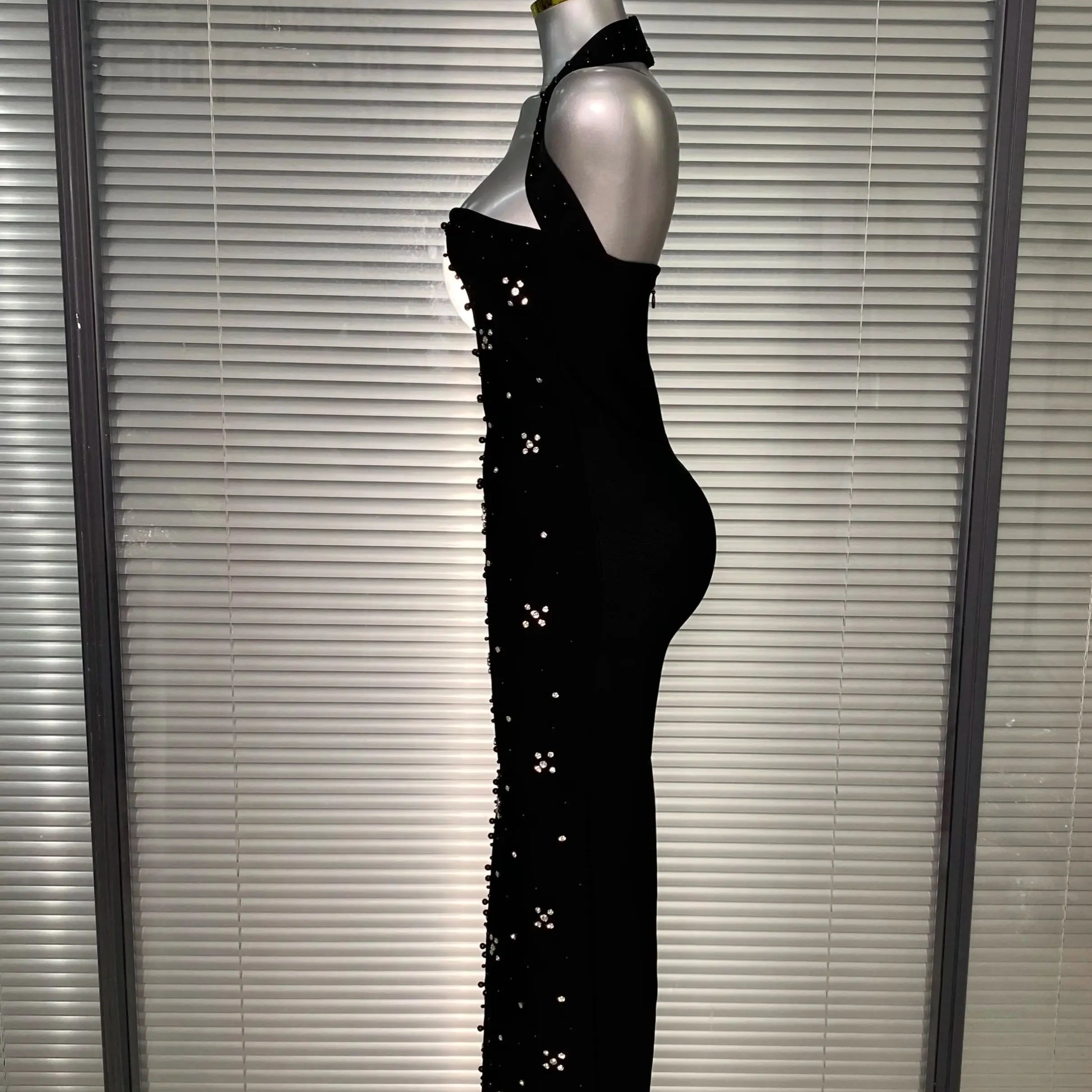 Summer New 2025 Women Black Halter Long Bodycon Bandage Dress Crystal Beaded Backless Evening Party Dress Vestido