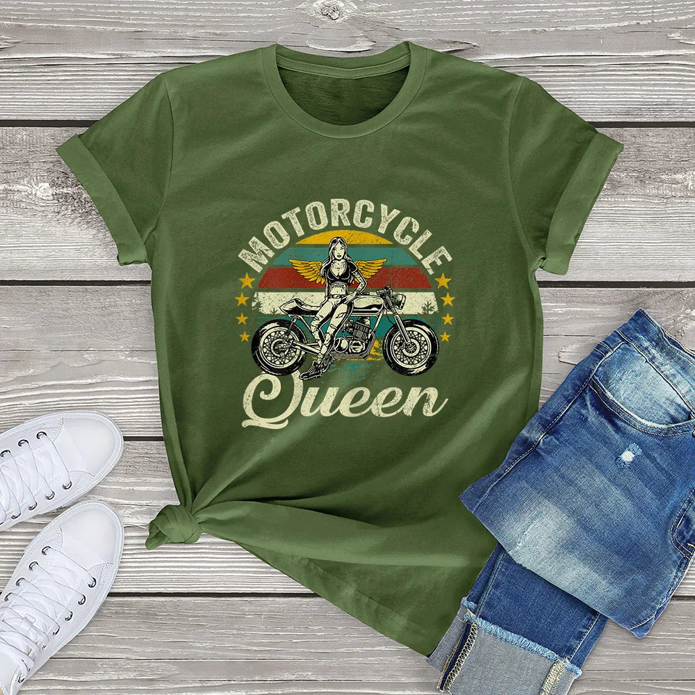 Cotton Personality Fashion Vintage Motorcycle Queen Grandma Clothing Gift Women T-Shirt Printed Unisex Tee Streetwear army green