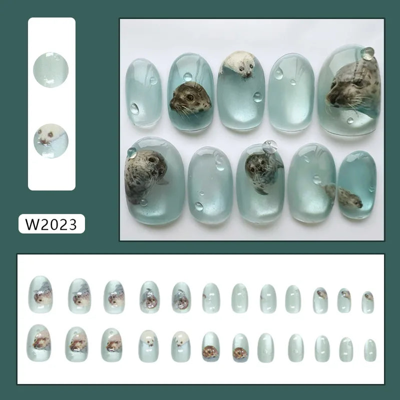 24pcs Shiny Green Cat Eye False Nails Cute Seal Print Fake Nails Tips Wearable Reusable Glossy Short Round Press on Nails
