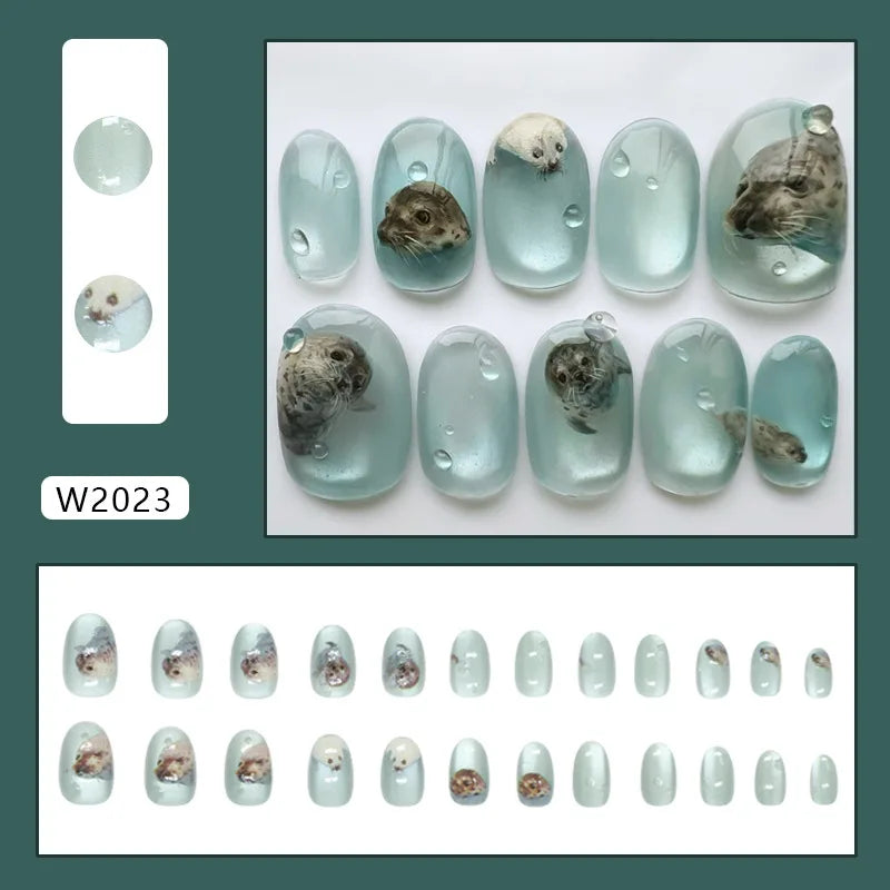 24pcs Shiny Green Cat Eye False Nails Cute Seal Print Fake Nails Tips Wearable Reusable Glossy Short Round Press on Nails