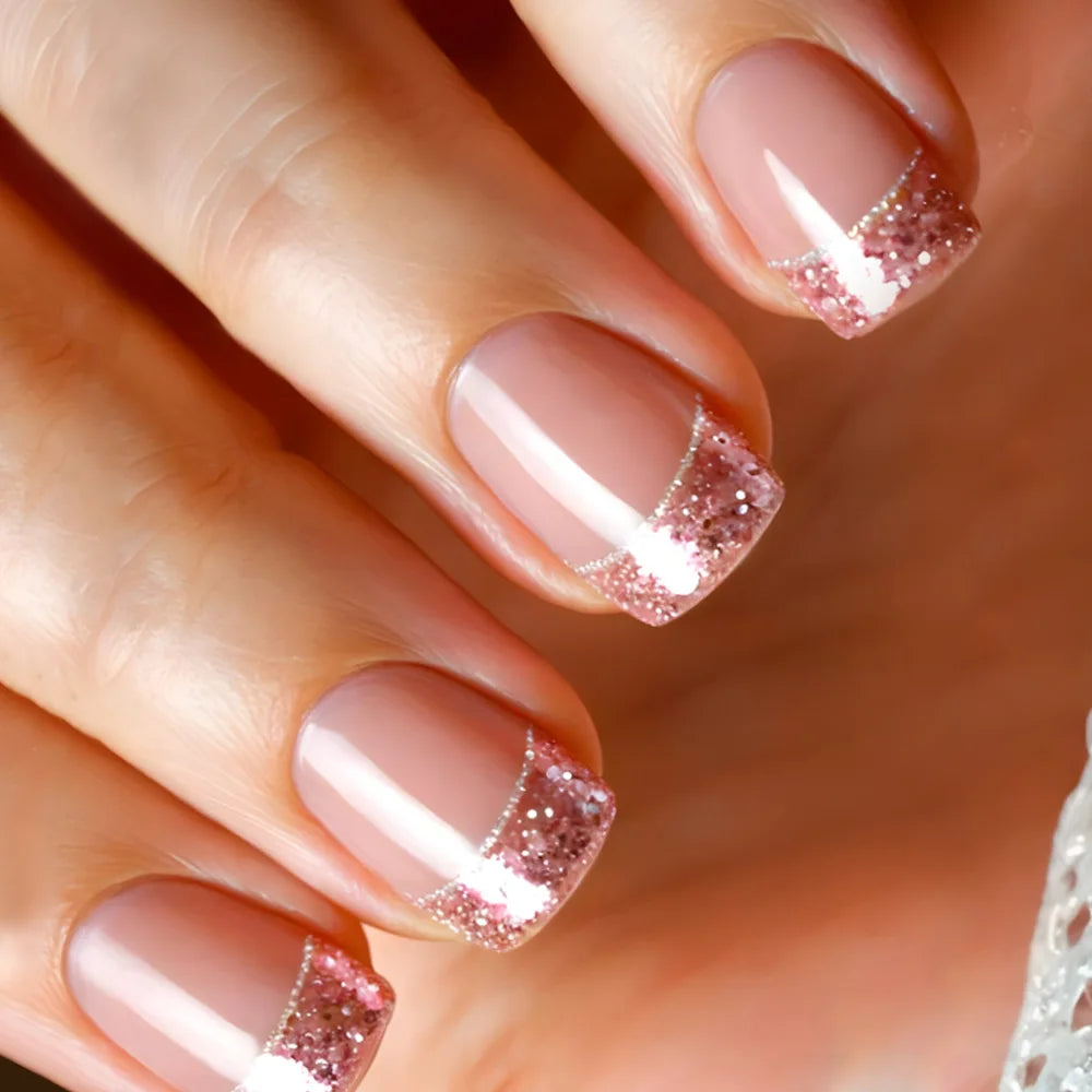 24Pcs Short False Nails with Shimmery Powder Ballet Nail Art Full Cover French Sheer Wearable Nail Manicure Tips for Girls Daily