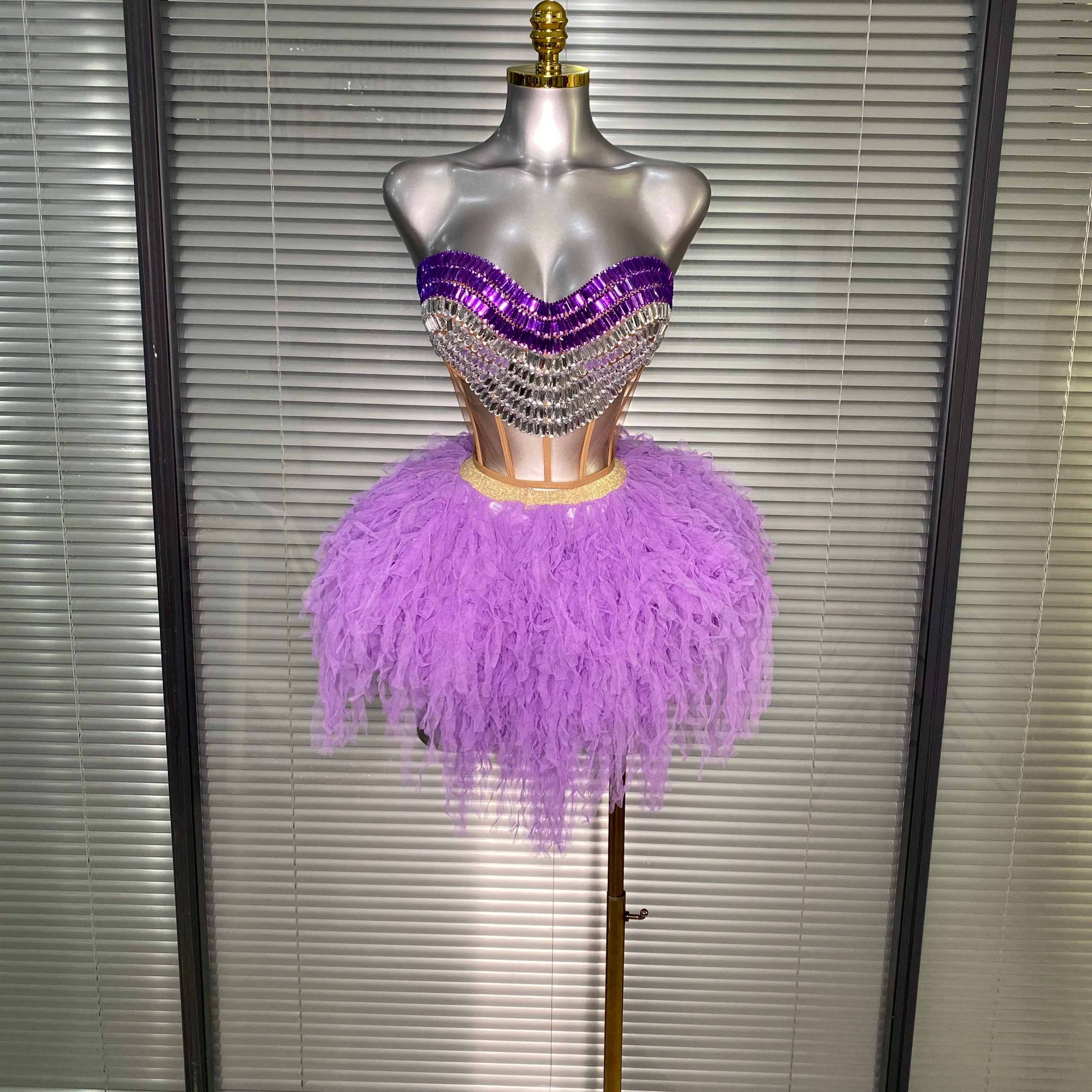 Luxury Sparkly Rhinestone Women Sexy Strapless Short Backless Dress Birthday Party Nightclub Outfit Dancer Performance Costume