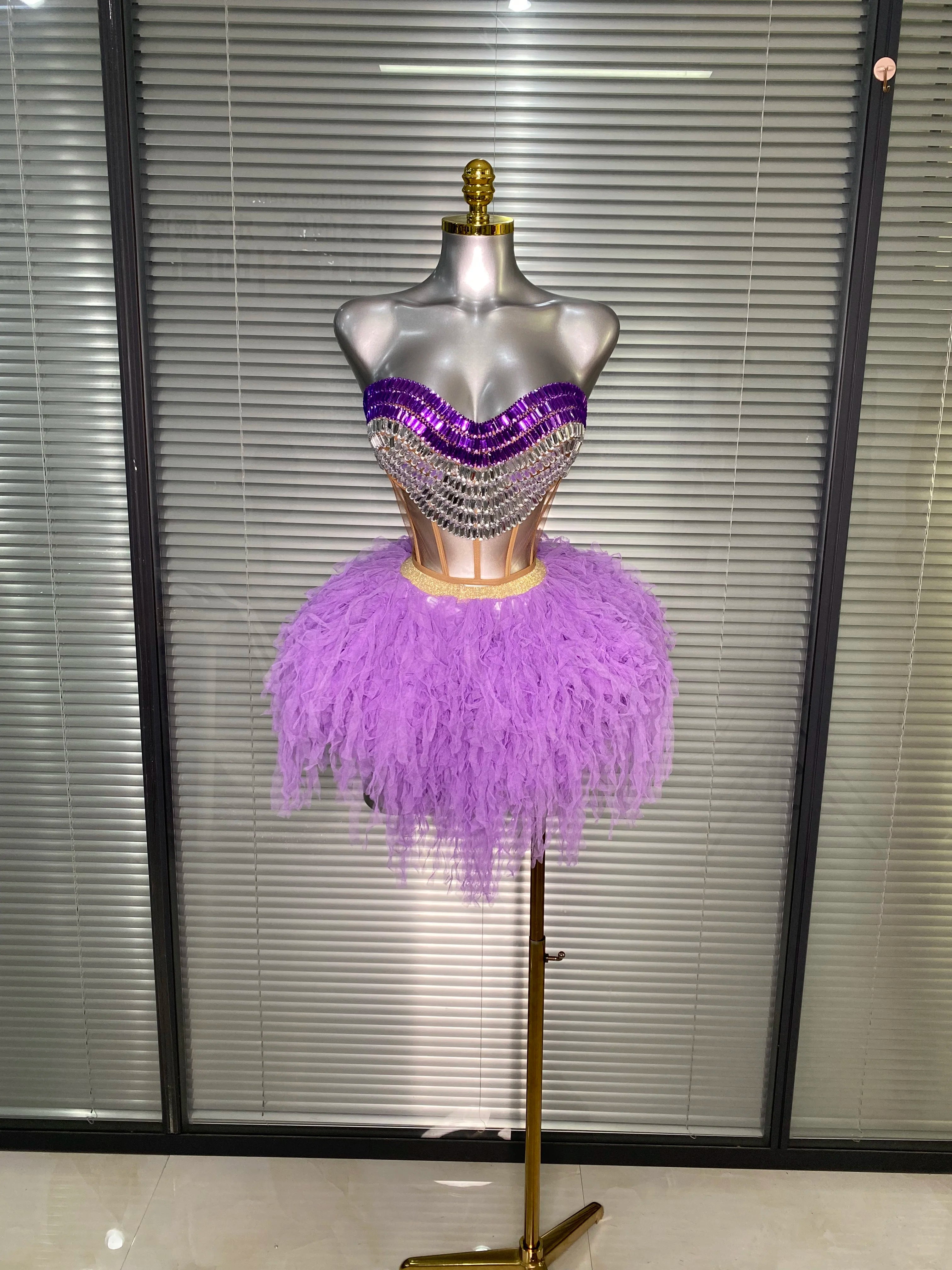 Luxury Sparkly Rhinestone Women Sexy Strapless Short Backless Dress Birthday Party Nightclub Outfit Dancer Performance Costume