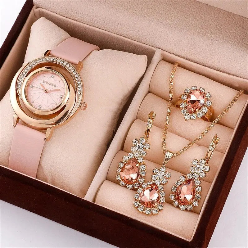 5PCS Set Luxury Watch Women Ring Necklace Earring Rhinestone Fashion Wristwatch Casual Ladies Watches Set Clock Pink