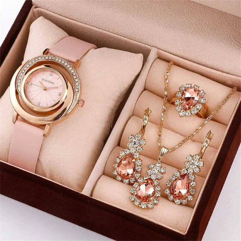 5PCS Set Luxury Watch Women Ring Necklace Earring Rhinestone Fashion Wristwatch Casual Ladies Watches Set Clock Pink