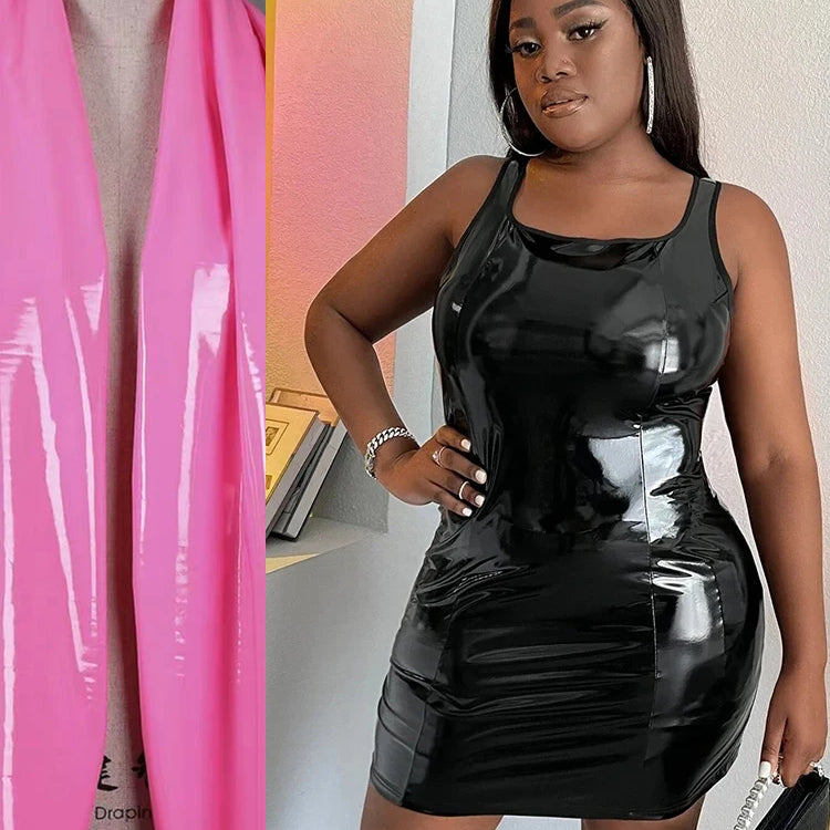 Summer Sleeveless Faux Latex Dress Women Plus Size Sexy PVC Leather Mini Dress Square Collar Ladies Bodycon Pu Dress 6XL 7XL Rose red