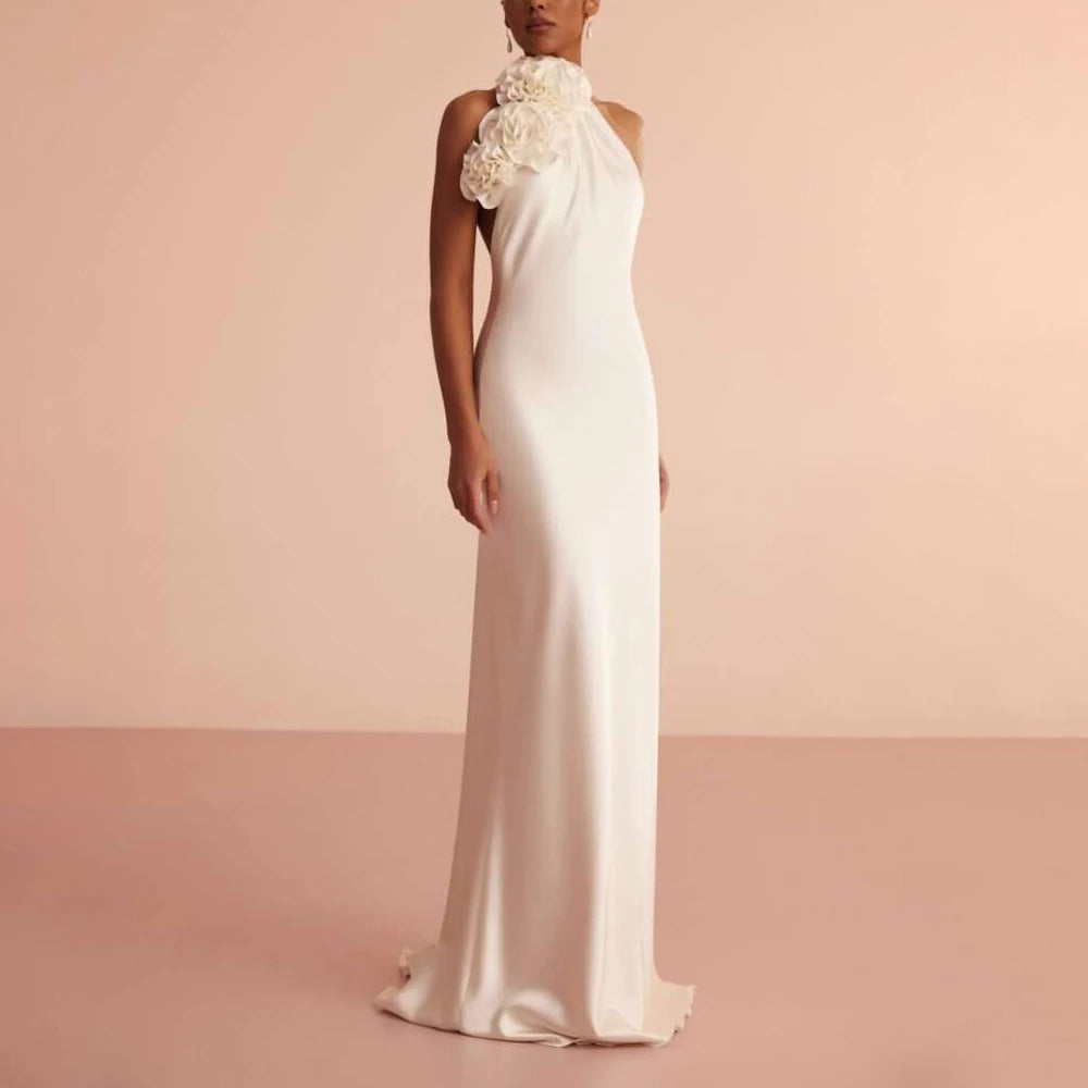 VC White Satin Halter Backless Long Dress For Women Sleeveless Flowers Embellished Slim Prom Elegant Evening Party Gowns
