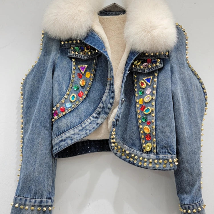 European Street Winter Denim Jacket Women's Fleece-Lined Thickened Warm Street Short Parka Clothes Casaco Feminino