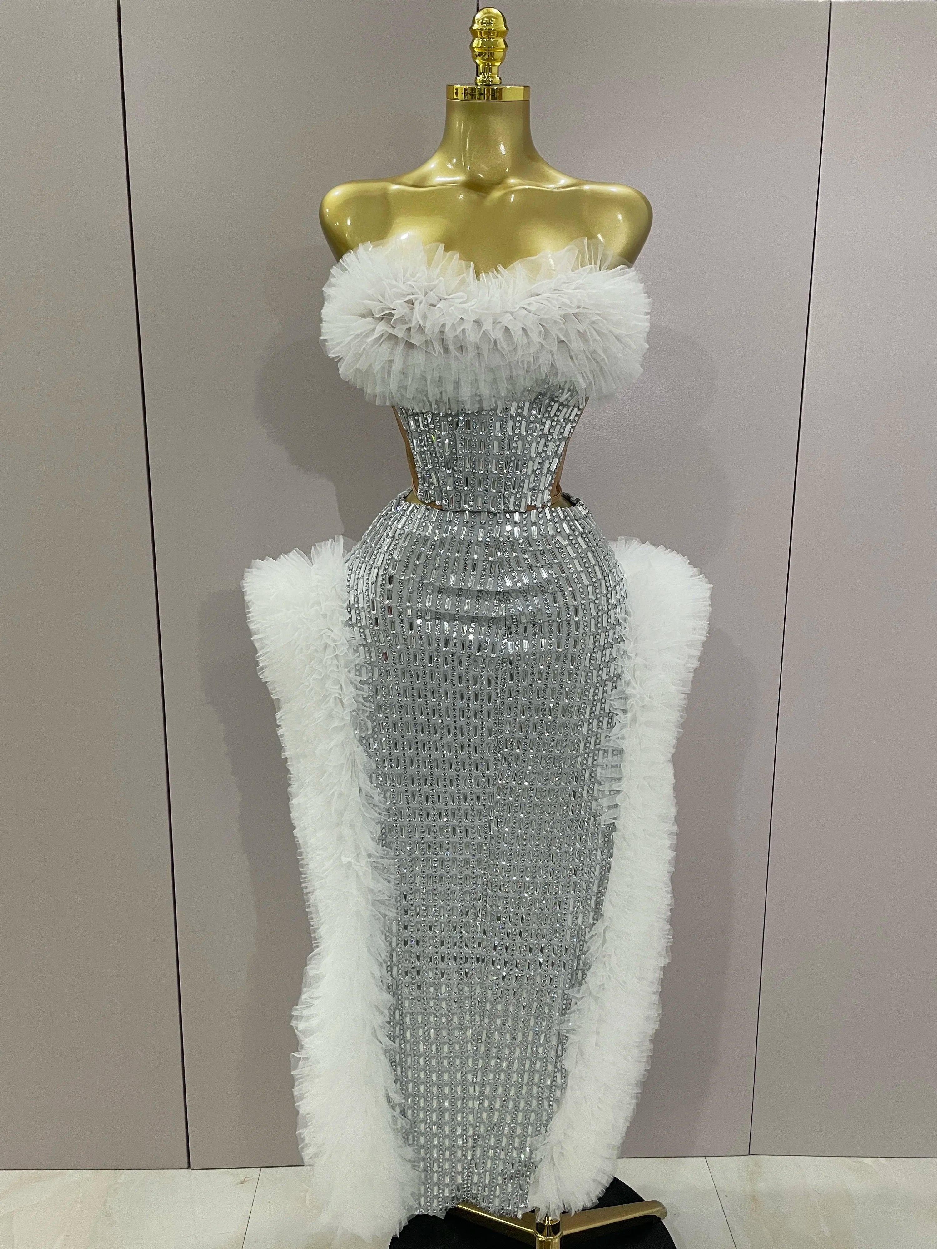 Sparkly Rhinestone Sexy Strapless Tops Skirt 2 PCS Set 2025 Women Celebrate Evening Prom Birthday Dress Nightclub Stage Outfit