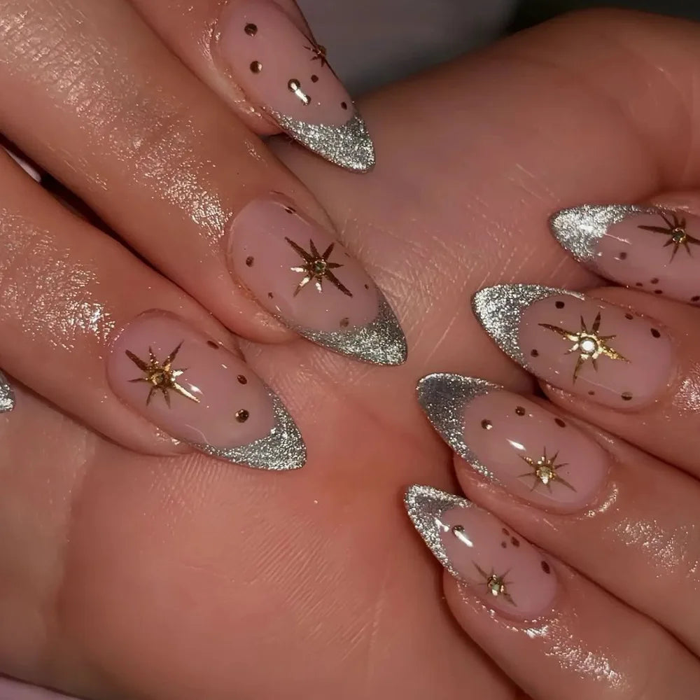 24Pcs Purple French press on nails with 3D broken diamond wearable mid-length almond fake nail tips round head false nails