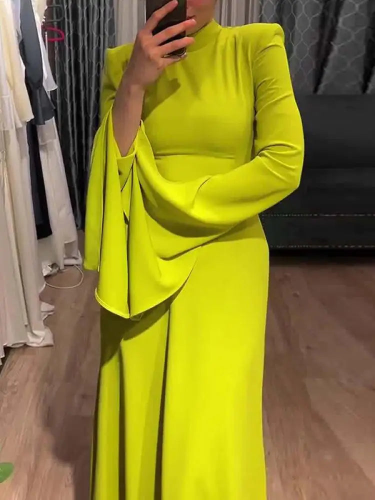 Onecozyday New Women Elegant Evening Dresses Ruffled Sleeve Turtleneck High Waisted Slim Fit Pleated Floor Length Dress
